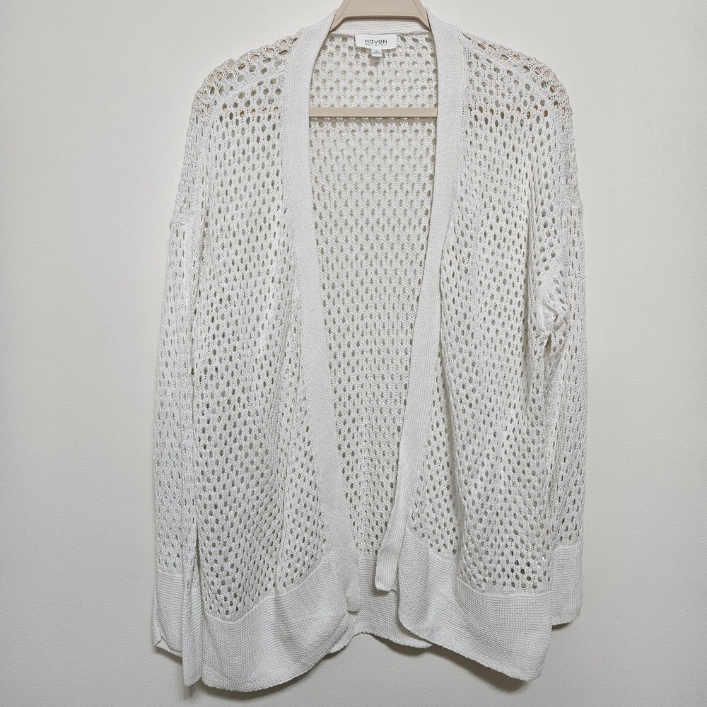 Haven Well Within Linen Cotton Beach Boho Minimalist Open Knit Cardigan White XL